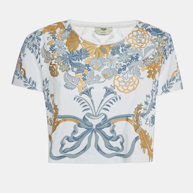 Fendi White Floral Appliqu&Eacute; Print Cotton Knit Crop Top L